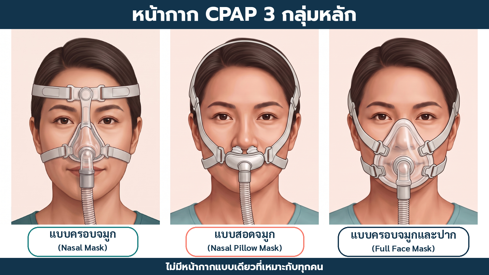 ภาพเปรียบเทียบหน้ากาก CPAP 3 กลุ่ม ได้แก่ แบบครอบจมูก แบบสอดจมูก และแบบครอบจมูกกับปาก พร้อมข้อความว่าไม่มีแบบเดียวที่เหมาะกับทุกคน
