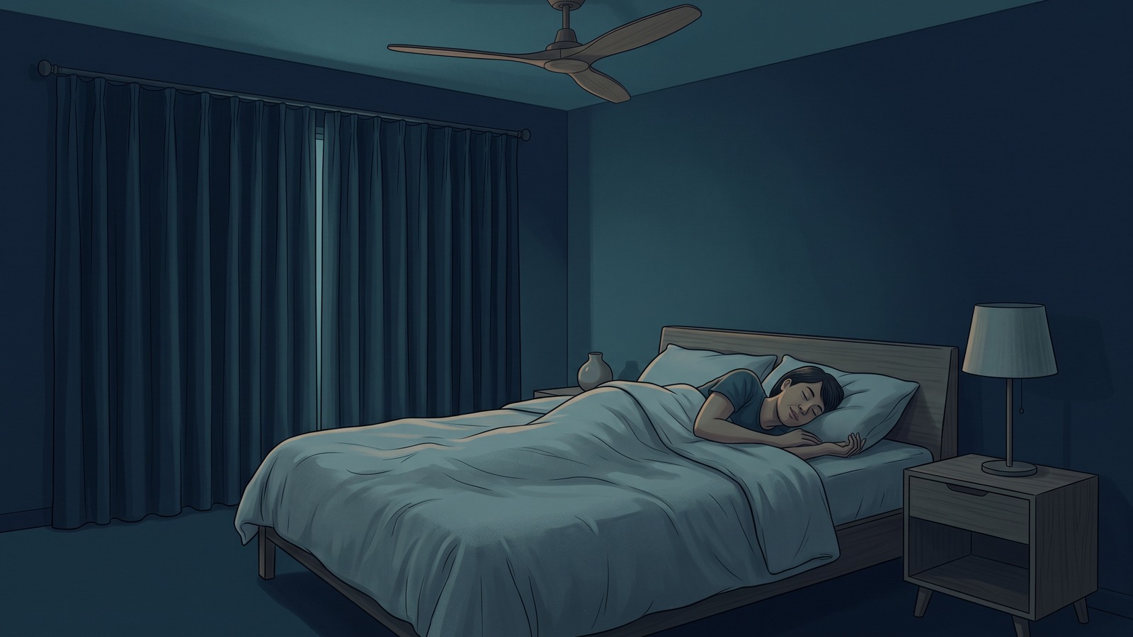 จัดห้องนอนให้เอื้อต่อการพักผ่อน ภาพห้องนอนที่มืด เงียบ เป็นระเบียบ และเย็นสบาย